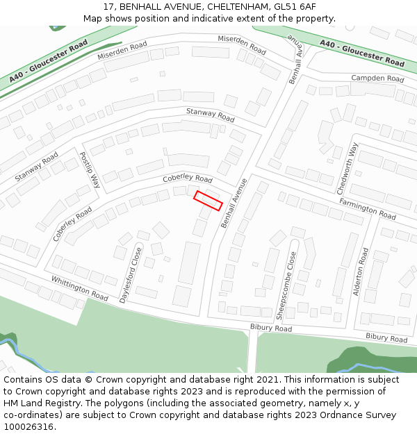 17, BENHALL AVENUE, CHELTENHAM, GL51 6AF: Location map and indicative extent of plot