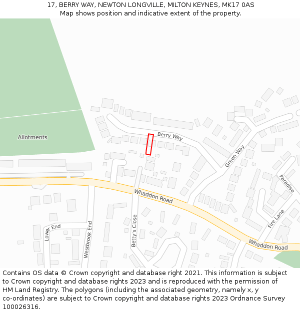 17, BERRY WAY, NEWTON LONGVILLE, MILTON KEYNES, MK17 0AS: Location map and indicative extent of plot