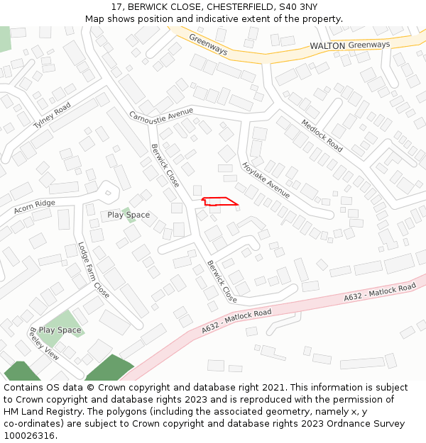 17, BERWICK CLOSE, CHESTERFIELD, S40 3NY: Location map and indicative extent of plot
