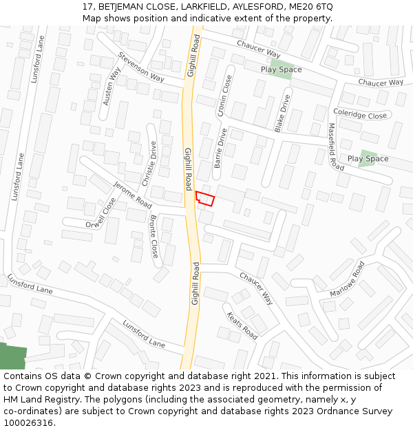 17, BETJEMAN CLOSE, LARKFIELD, AYLESFORD, ME20 6TQ: Location map and indicative extent of plot