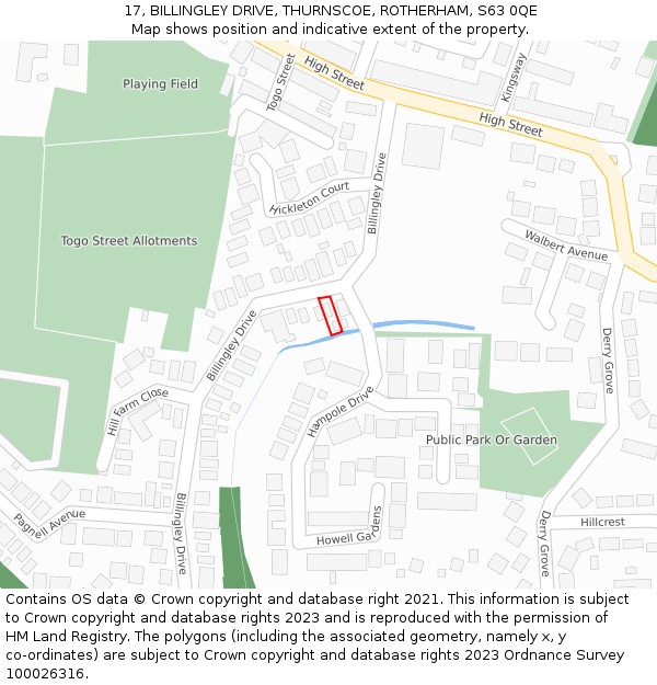 17, BILLINGLEY DRIVE, THURNSCOE, ROTHERHAM, S63 0QE: Location map and indicative extent of plot