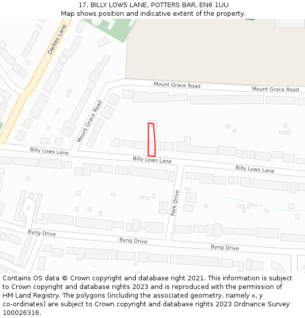 17, BILLY LOWS LANE, POTTERS BAR, EN6 1UU: Location map and indicative extent of plot