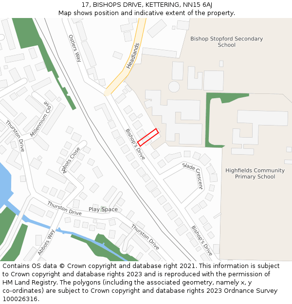17, BISHOPS DRIVE, KETTERING, NN15 6AJ: Location map and indicative extent of plot