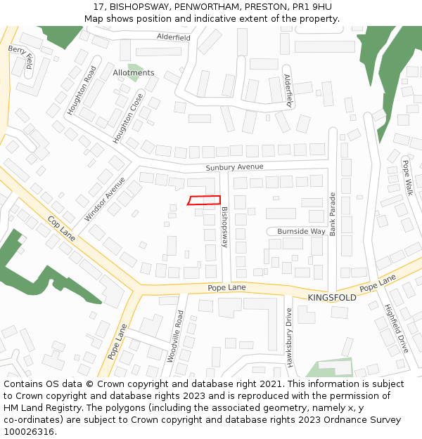 17, BISHOPSWAY, PENWORTHAM, PRESTON, PR1 9HU: Location map and indicative extent of plot