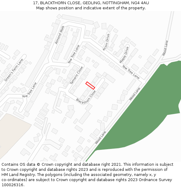 17, BLACKTHORN CLOSE, GEDLING, NOTTINGHAM, NG4 4AU: Location map and indicative extent of plot