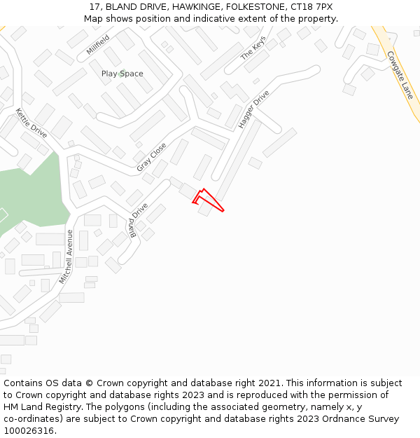 17, BLAND DRIVE, HAWKINGE, FOLKESTONE, CT18 7PX: Location map and indicative extent of plot