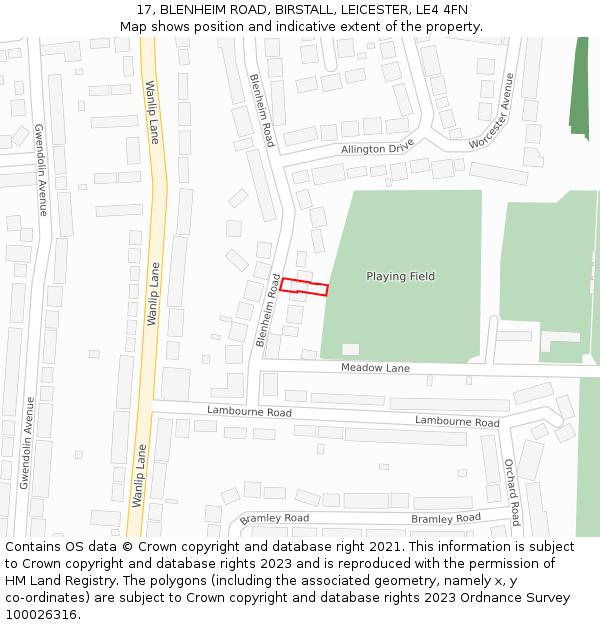 17, BLENHEIM ROAD, BIRSTALL, LEICESTER, LE4 4FN: Location map and indicative extent of plot