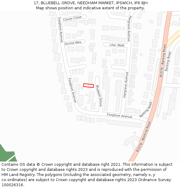 17, BLUEBELL GROVE, NEEDHAM MARKET, IPSWICH, IP6 8JH: Location map and indicative extent of plot