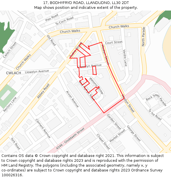 17, BODHYFRYD ROAD, LLANDUDNO, LL30 2DT: Location map and indicative extent of plot