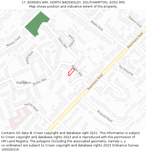 17, BORDEN WAY, NORTH BADDESLEY, SOUTHAMPTON, SO52 9PD: Location map and indicative extent of plot