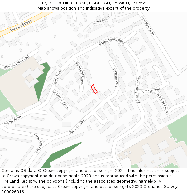 17, BOURCHIER CLOSE, HADLEIGH, IPSWICH, IP7 5SS: Location map and indicative extent of plot