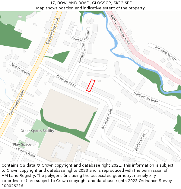 17, BOWLAND ROAD, GLOSSOP, SK13 6PE: Location map and indicative extent of plot