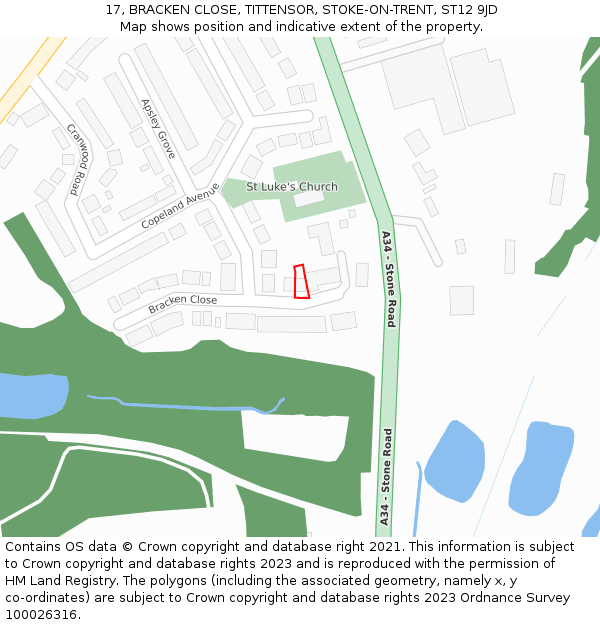 17, BRACKEN CLOSE, TITTENSOR, STOKE-ON-TRENT, ST12 9JD: Location map and indicative extent of plot
