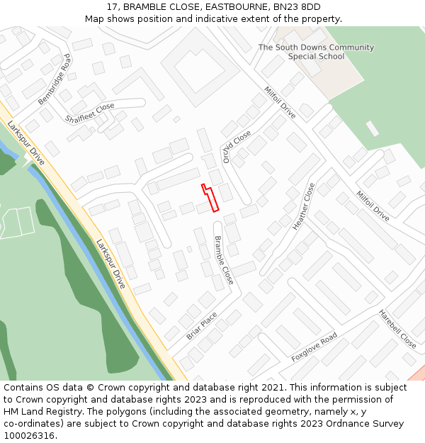 17, BRAMBLE CLOSE, EASTBOURNE, BN23 8DD: Location map and indicative extent of plot