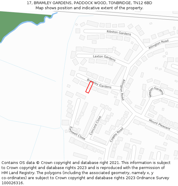 17, BRAMLEY GARDENS, PADDOCK WOOD, TONBRIDGE, TN12 6BD: Location map and indicative extent of plot