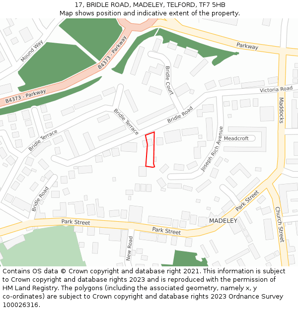 17, BRIDLE ROAD, MADELEY, TELFORD, TF7 5HB: Location map and indicative extent of plot