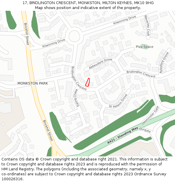 17, BRIDLINGTON CRESCENT, MONKSTON, MILTON KEYNES, MK10 9HG: Location map and indicative extent of plot