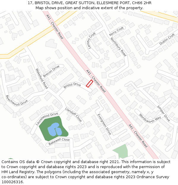 17, BRISTOL DRIVE, GREAT SUTTON, ELLESMERE PORT, CH66 2HR: Location map and indicative extent of plot