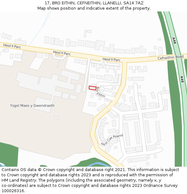 17, BRO EITHIN, CEFNEITHIN, LLANELLI, SA14 7AZ: Location map and indicative extent of plot