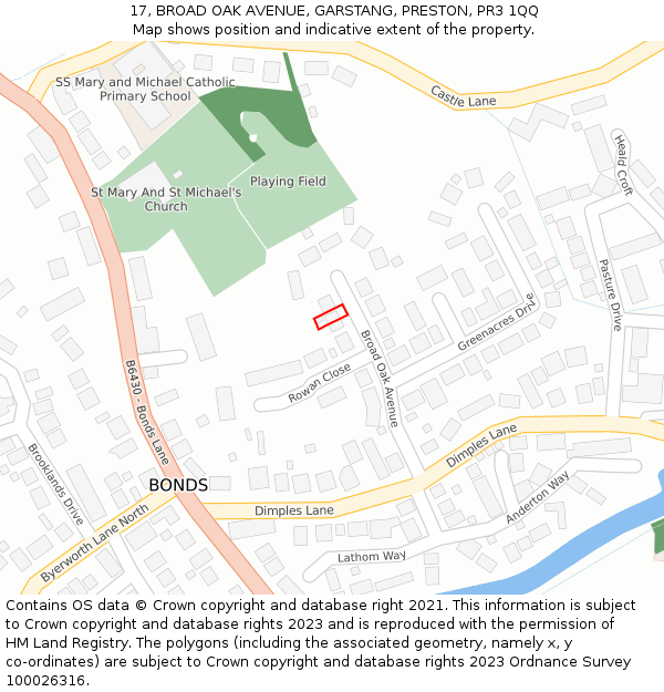 17, BROAD OAK AVENUE, GARSTANG, PRESTON, PR3 1QQ: Location map and indicative extent of plot