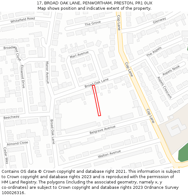 17, BROAD OAK LANE, PENWORTHAM, PRESTON, PR1 0UX: Location map and indicative extent of plot