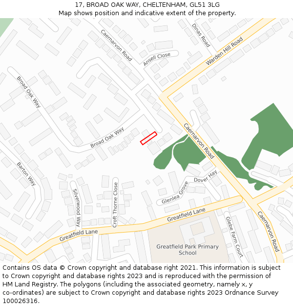 17, BROAD OAK WAY, CHELTENHAM, GL51 3LG: Location map and indicative extent of plot