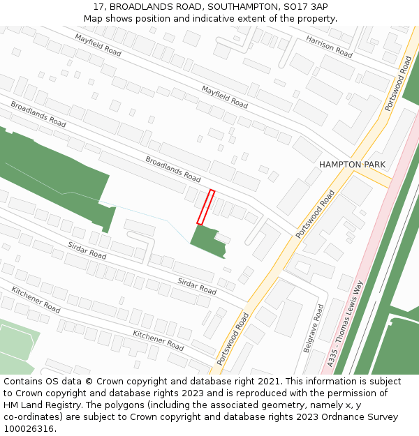 17, BROADLANDS ROAD, SOUTHAMPTON, SO17 3AP: Location map and indicative extent of plot