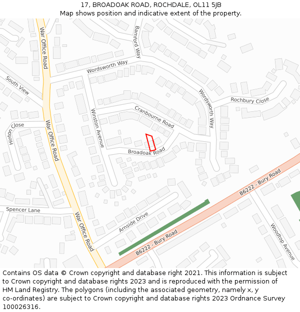 17, BROADOAK ROAD, ROCHDALE, OL11 5JB: Location map and indicative extent of plot