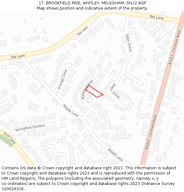 17, BROOKFIELD RISE, WHITLEY, MELKSHAM, SN12 8QP: Location map and indicative extent of plot