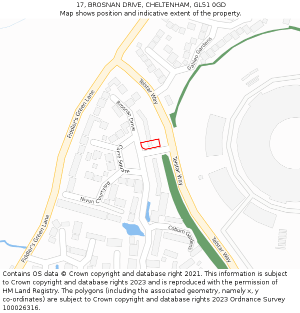 17, BROSNAN DRIVE, CHELTENHAM, GL51 0GD: Location map and indicative extent of plot