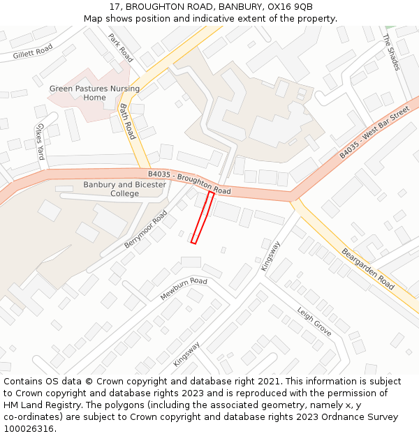 17, BROUGHTON ROAD, BANBURY, OX16 9QB: Location map and indicative extent of plot