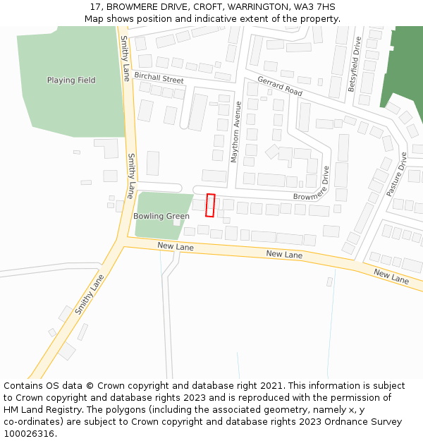 17, BROWMERE DRIVE, CROFT, WARRINGTON, WA3 7HS: Location map and indicative extent of plot