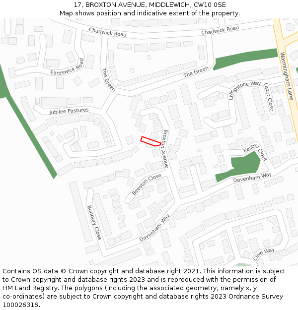 17, BROXTON AVENUE, MIDDLEWICH, CW10 0SE: Location map and indicative extent of plot