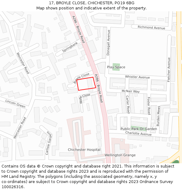 17, BROYLE CLOSE, CHICHESTER, PO19 6BG: Location map and indicative extent of plot