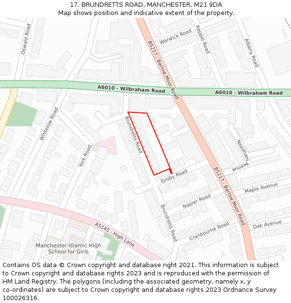 17, BRUNDRETTS ROAD, MANCHESTER, M21 9DA: Location map and indicative extent of plot