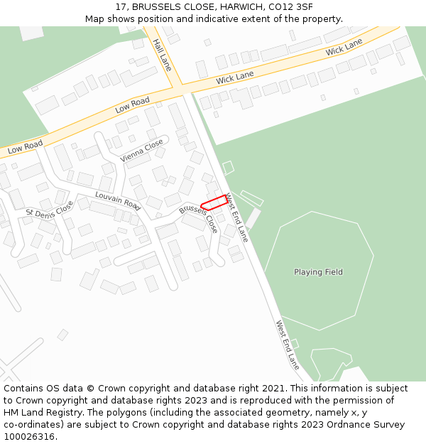 17, BRUSSELS CLOSE, HARWICH, CO12 3SF: Location map and indicative extent of plot