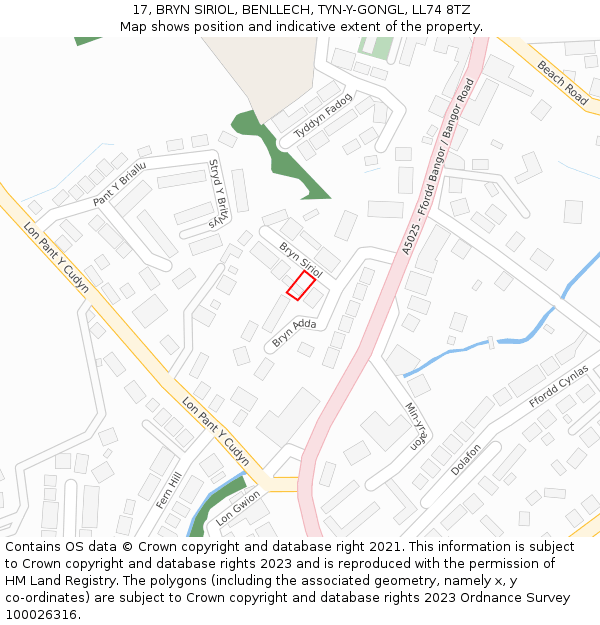 17, BRYN SIRIOL, BENLLECH, TYN-Y-GONGL, LL74 8TZ: Location map and indicative extent of plot