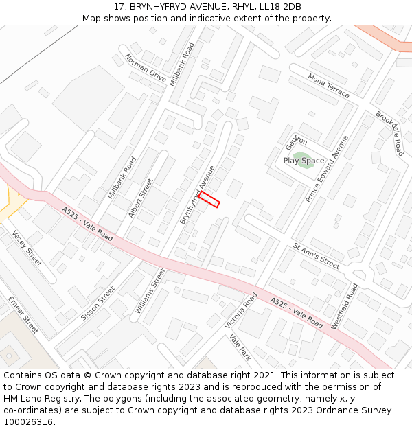 17, BRYNHYFRYD AVENUE, RHYL, LL18 2DB: Location map and indicative extent of plot