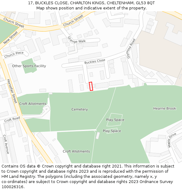 17, BUCKLES CLOSE, CHARLTON KINGS, CHELTENHAM, GL53 8QT: Location map and indicative extent of plot