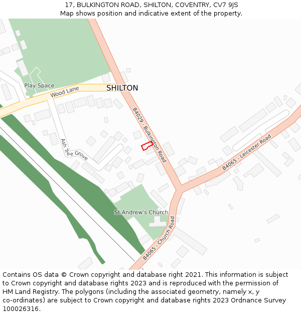 17, BULKINGTON ROAD, SHILTON, COVENTRY, CV7 9JS: Location map and indicative extent of plot