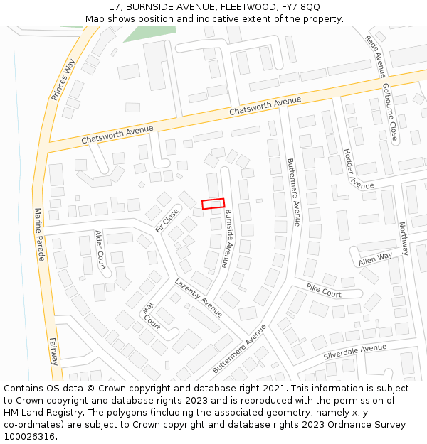 17, BURNSIDE AVENUE, FLEETWOOD, FY7 8QQ: Location map and indicative extent of plot