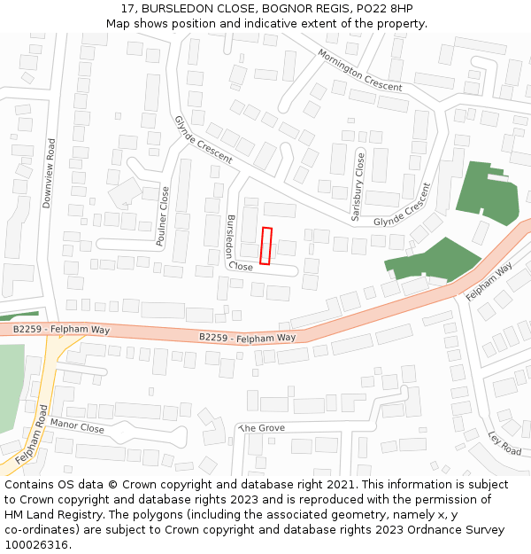 17, BURSLEDON CLOSE, BOGNOR REGIS, PO22 8HP: Location map and indicative extent of plot