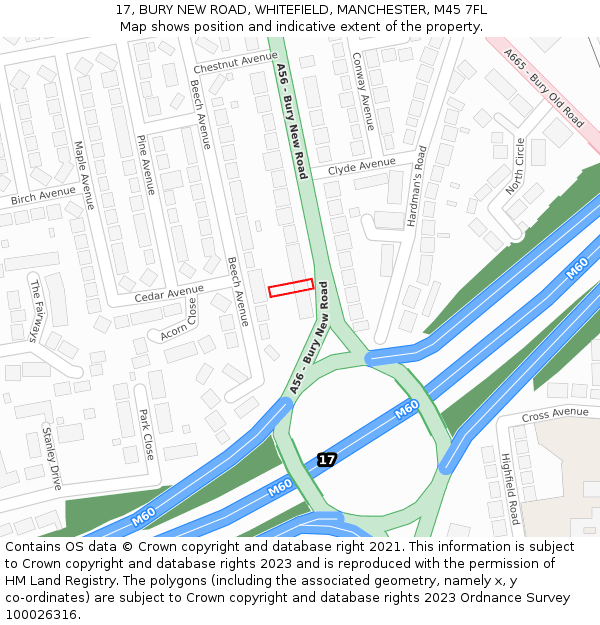 17, BURY NEW ROAD, WHITEFIELD, MANCHESTER, M45 7FL: Location map and indicative extent of plot