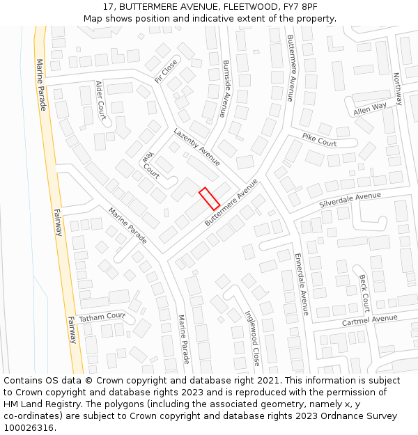 17, BUTTERMERE AVENUE, FLEETWOOD, FY7 8PF: Location map and indicative extent of plot