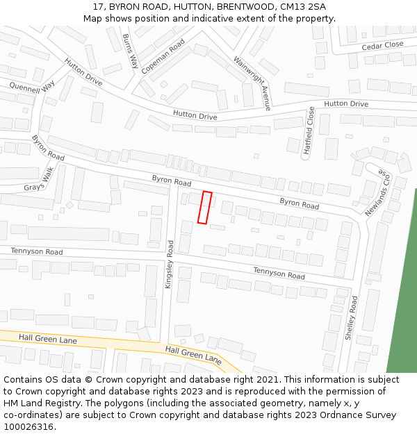 17, BYRON ROAD, HUTTON, BRENTWOOD, CM13 2SA: Location map and indicative extent of plot