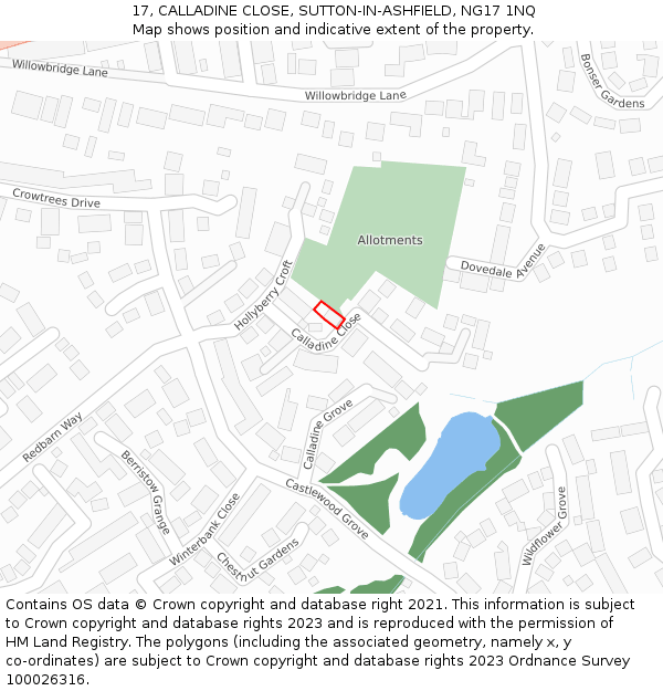 17, CALLADINE CLOSE, SUTTON-IN-ASHFIELD, NG17 1NQ: Location map and indicative extent of plot