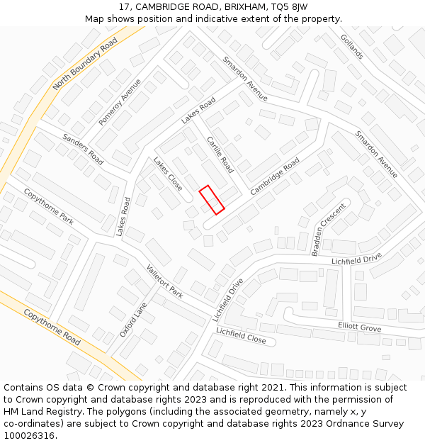 17, CAMBRIDGE ROAD, BRIXHAM, TQ5 8JW: Location map and indicative extent of plot