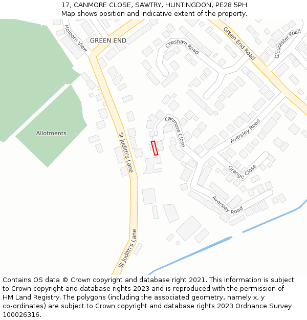 17, CANMORE CLOSE, SAWTRY, HUNTINGDON, PE28 5PH: Location map and indicative extent of plot