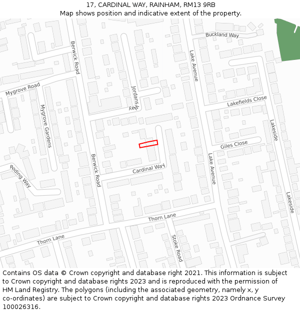 17, CARDINAL WAY, RAINHAM, RM13 9RB: Location map and indicative extent of plot