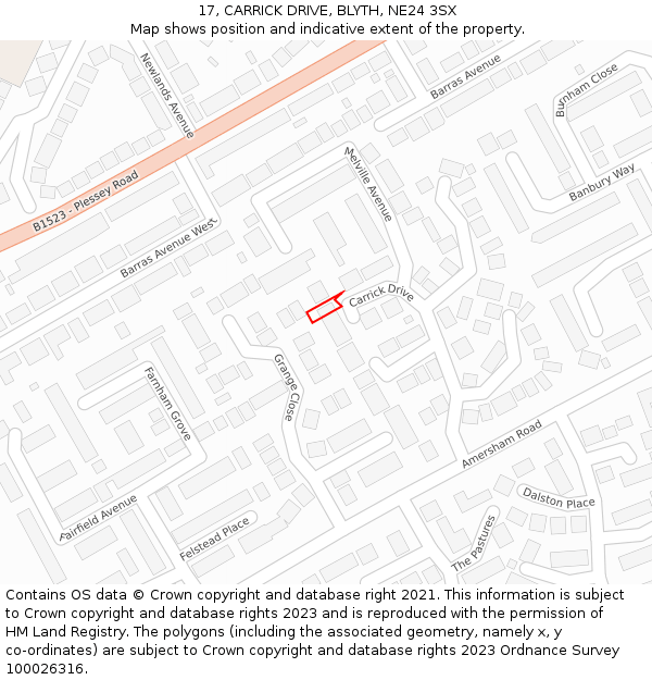 17, CARRICK DRIVE, BLYTH, NE24 3SX: Location map and indicative extent of plot
